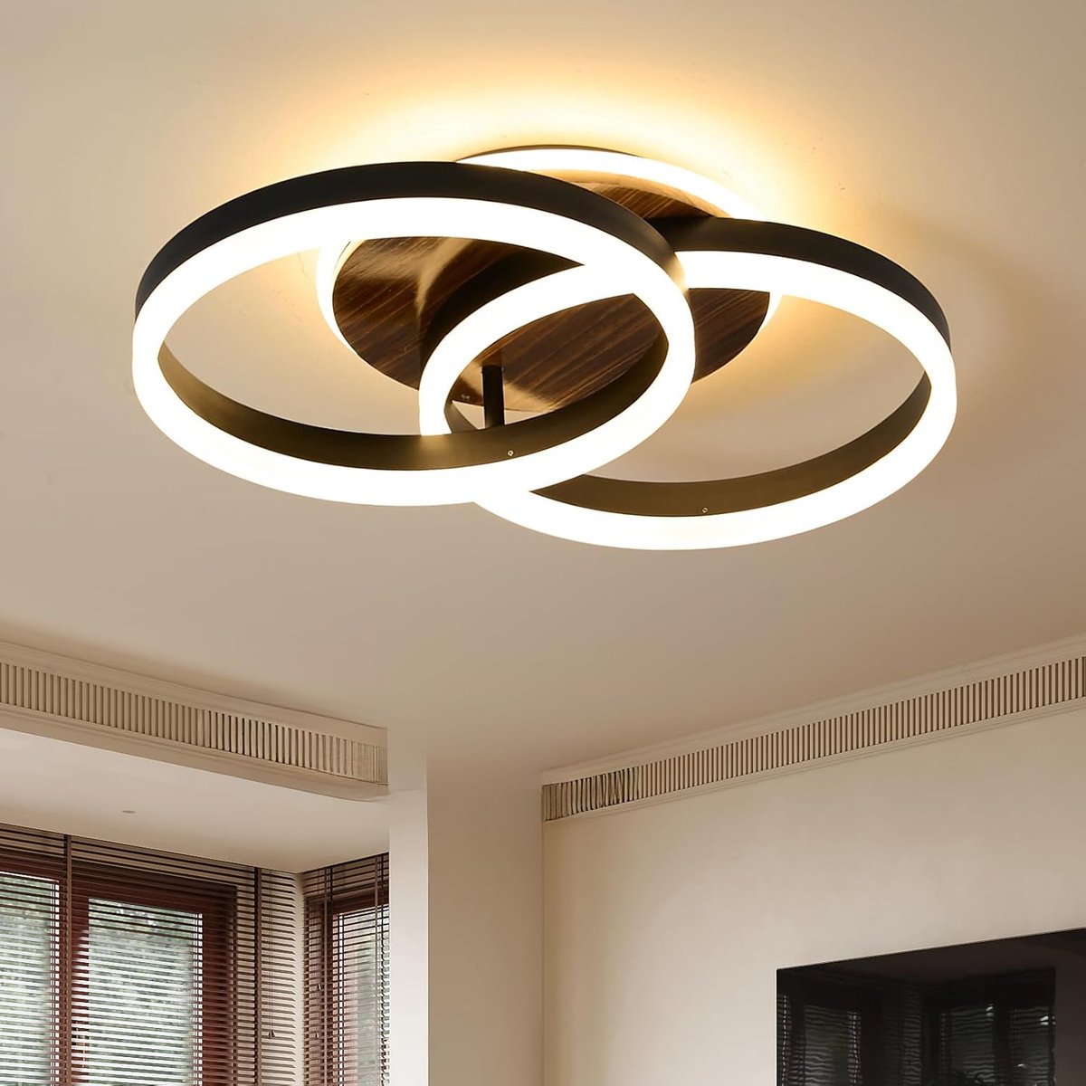 SnelShoppen - Led-plafondlamp 50 cm, 2 ringen, 36 W, dimbaar met afstandsbediening, moderne plafondlamp van metaal en acryl, zwart voor woonkamer, sla
