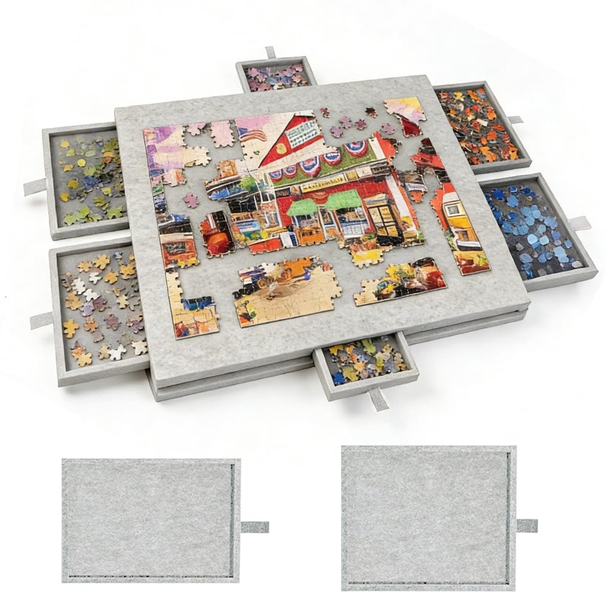 SnelShoppen - Kantelbare Puzzeltafel Draagbaar Puzzeltableau met 6 Laden, Licht Vilten Puzzelspeelplaats voor 1000 Stukken - Zilvergrijs voor Thuis, F