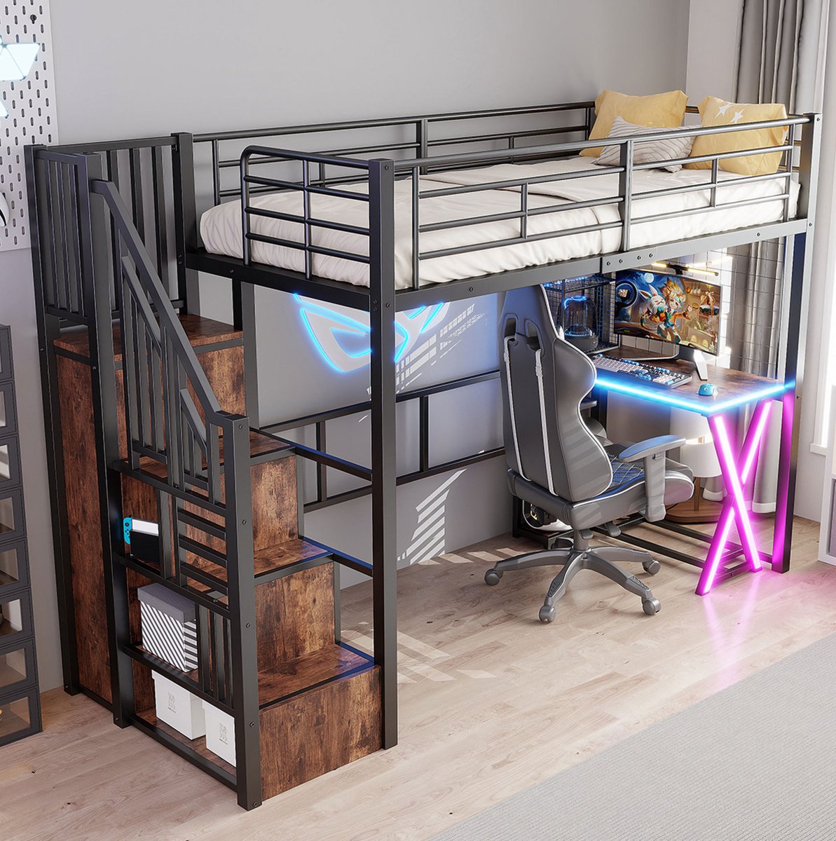 COVREO Hoogslaper 90x200 cm zwart met bureau en led, zonder matras