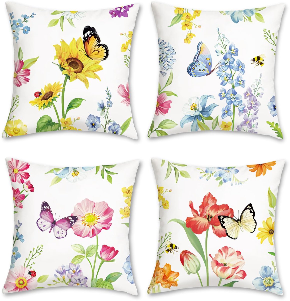 SnelShoppen - Set van 4 Decoratieve Kussenslopen Bloemen en Vlinders 45x45 cm Zacht Fluweel voor Bank, Bed, Thuis en Terras