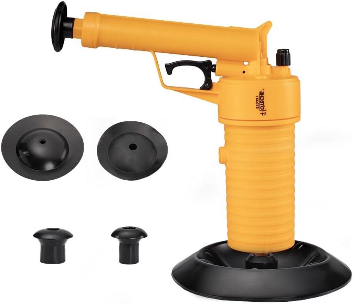 Pneumatische Buisreiniger - Afvoer Ontstopper - Verstoppingen Verwijderen - 4 Zuigkop Opzetstukken - 27 x 27 x 9 cm - Geel