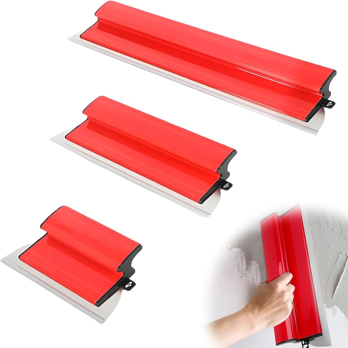 Set van drie roestvrijstalen vlakschrapers (25 + 40 + 60 cm) voor professioneel pleisteren, plamuren en gladstrijken van muren en oppervlakken