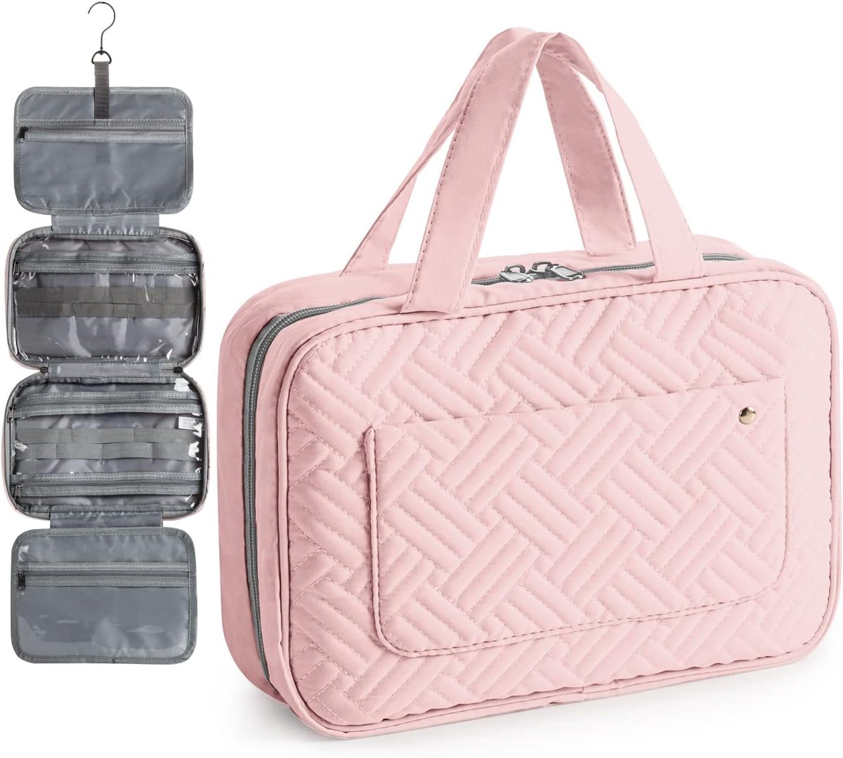 SnelShoppen - Virklyee Toilettas Cosmetische Zak Draagbare Organizer Flannelette Roze Met 360° Draaibare Haak Voor Make-Up Scheerzak Opslagzak Voor Th