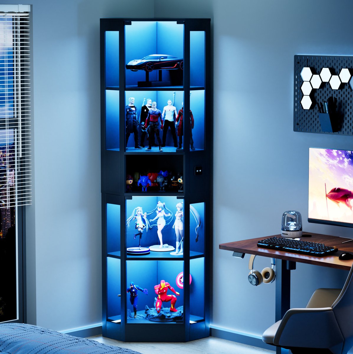 REDOM - Vitrinekast - LED-verlichting met bewegingssensor - Glazen deuren - Vijf opberg- en displayniveaus - Woonkamer en slaapkamer - MDF en glas - Zwart - 57 x 40 x 165 cm