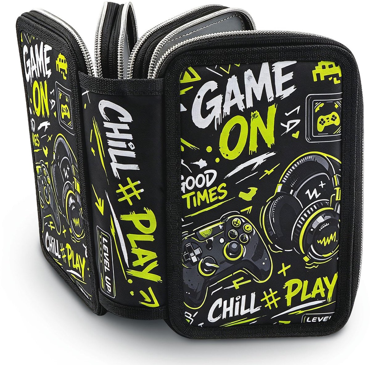 SnelShoppen - Gaming-etui voor jongens met 3 vakken, grote capaciteit, ritssluiting, zwart, ideaal voor school en gaming, perfect voor tieners en kind