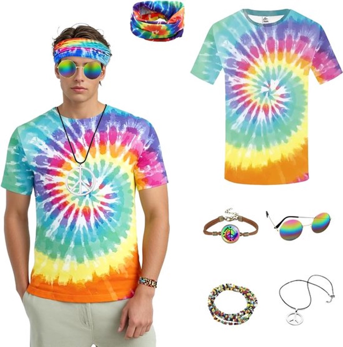 Set van 6 heren hippie kostuums uit de jaren '80 met kleurrijk T-shirt, peace ketting, hippie zonnebril, hoofdband, armband en ketting voor feestelijke gelegenheden en themafeesten.