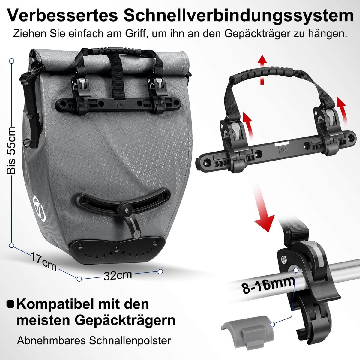 SnelShoppen - Fietstas voor bagagedrager, waterdicht, 23-28 liter, met reflectoren, schoudertas, nieuwe generatie, fietstas achter, stevige bevestigin
