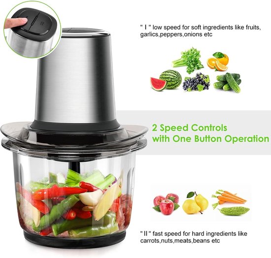 Elektrische Hakmolen - Keukenmachine Universal - Snel Ingrediënten Snijden - 4 Roestvrij Staal Messen - 1.5L Glazen Kom - Multicolor — afbeelding 4