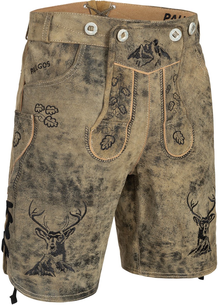 PAULGOS heren-traditionele lederen broek, kort - HK4 ANTIK - echt leer - verkrijgbaar in 3 kleuren - maat 44 - 60