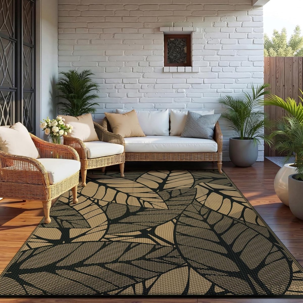 Buitentapijt 180 x 270 cm, Waterdicht en Omkeerbaar, Moderne Tuinmat van Gerecycled Plastic, Ideaal voor Terras en Achtertuin, Zwart en Bruin