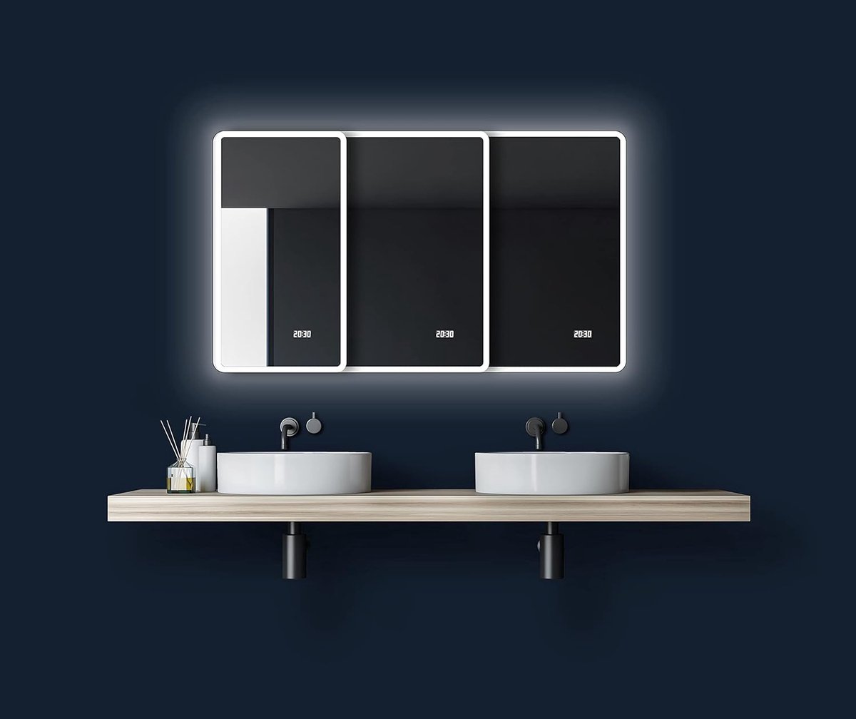 SnelShoppen - LED Badkamerspiegel Talos Sun 45 x 70 cm - Licht Frame - Lichtkleur 4200K - Digitale Klok - Modern Design - Aluminium en Spiegelglas