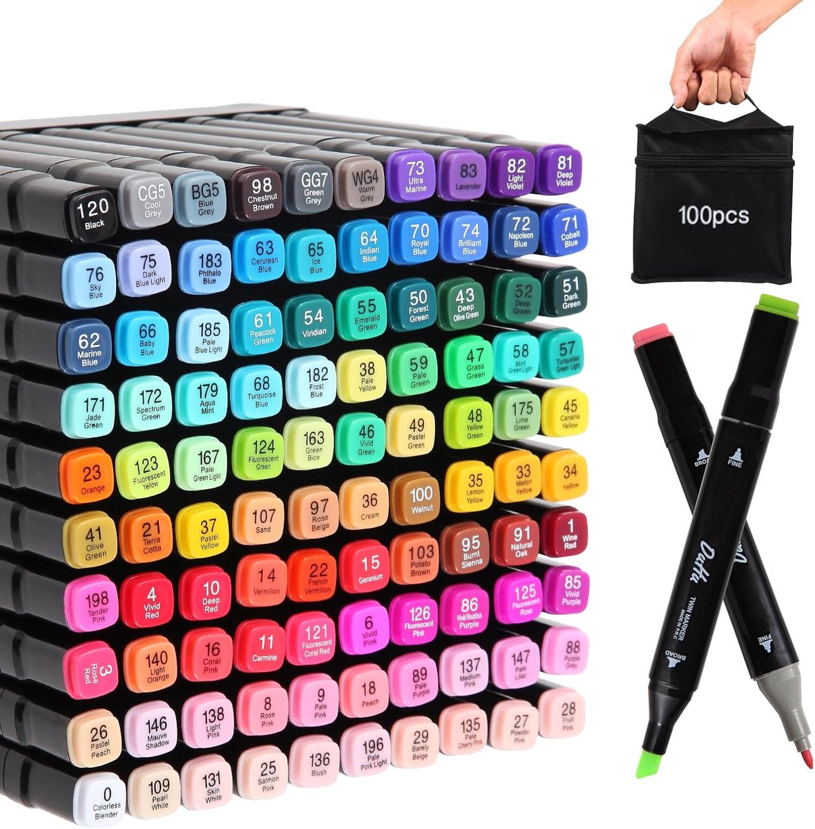 SnelShoppen - 100 Kleuren Alcohol Markers Set, Dual Tips Blender Art Markers voor Schetsen, Tekenen en Kleurende Kunst, Professionele Permanente Marke