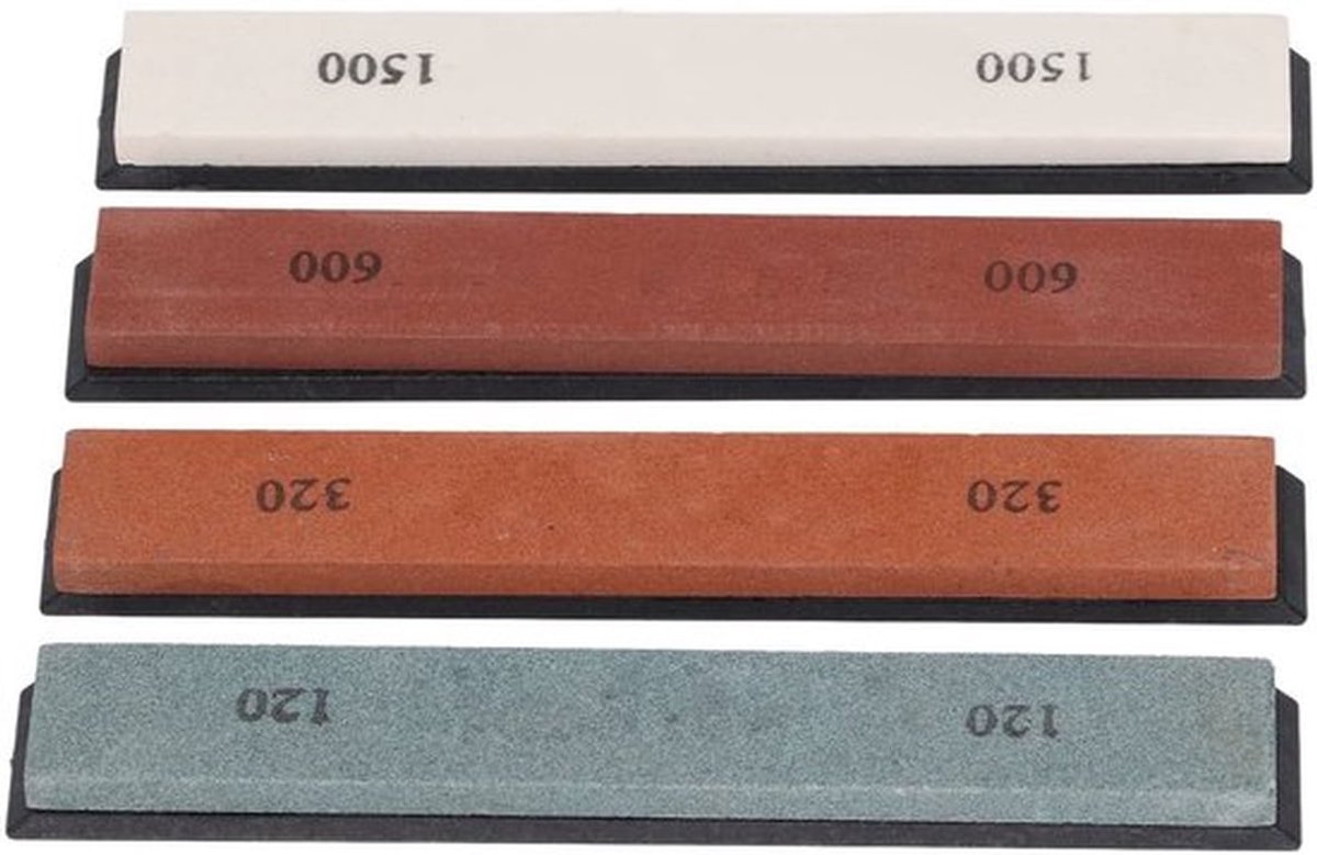 Slijpsteen Set 4 Stuks - 120/320/600/1500 Grit - Antislipbasis - Duurzaam - Wit Korund - Afmeting 150 x 23 x 6 mm - Messenslijper