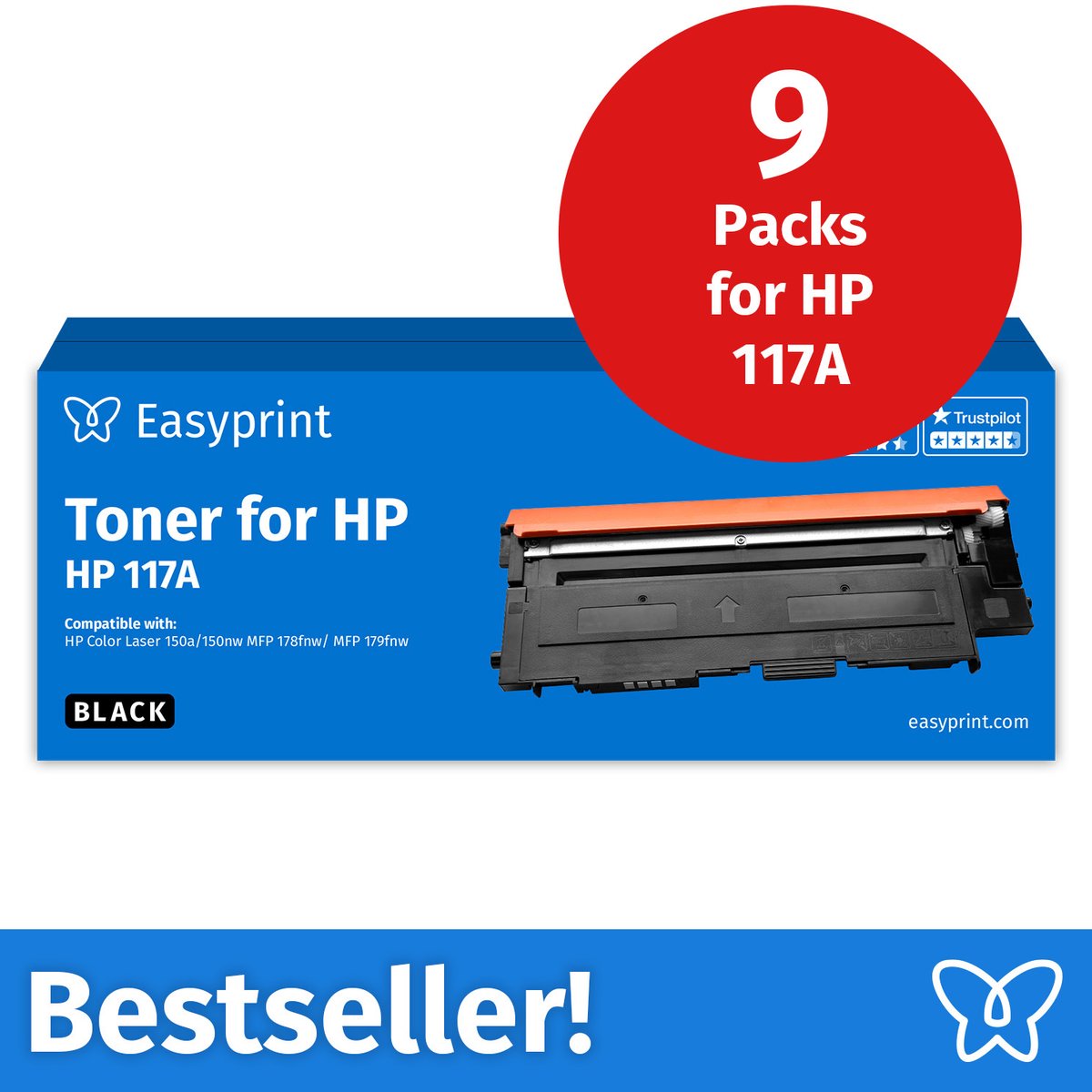 NIEUW: Easyprint Toner voor HP 117A zwart, compatibel met HP ColorLaser 150, MFP-178, e.d., 9 stuks