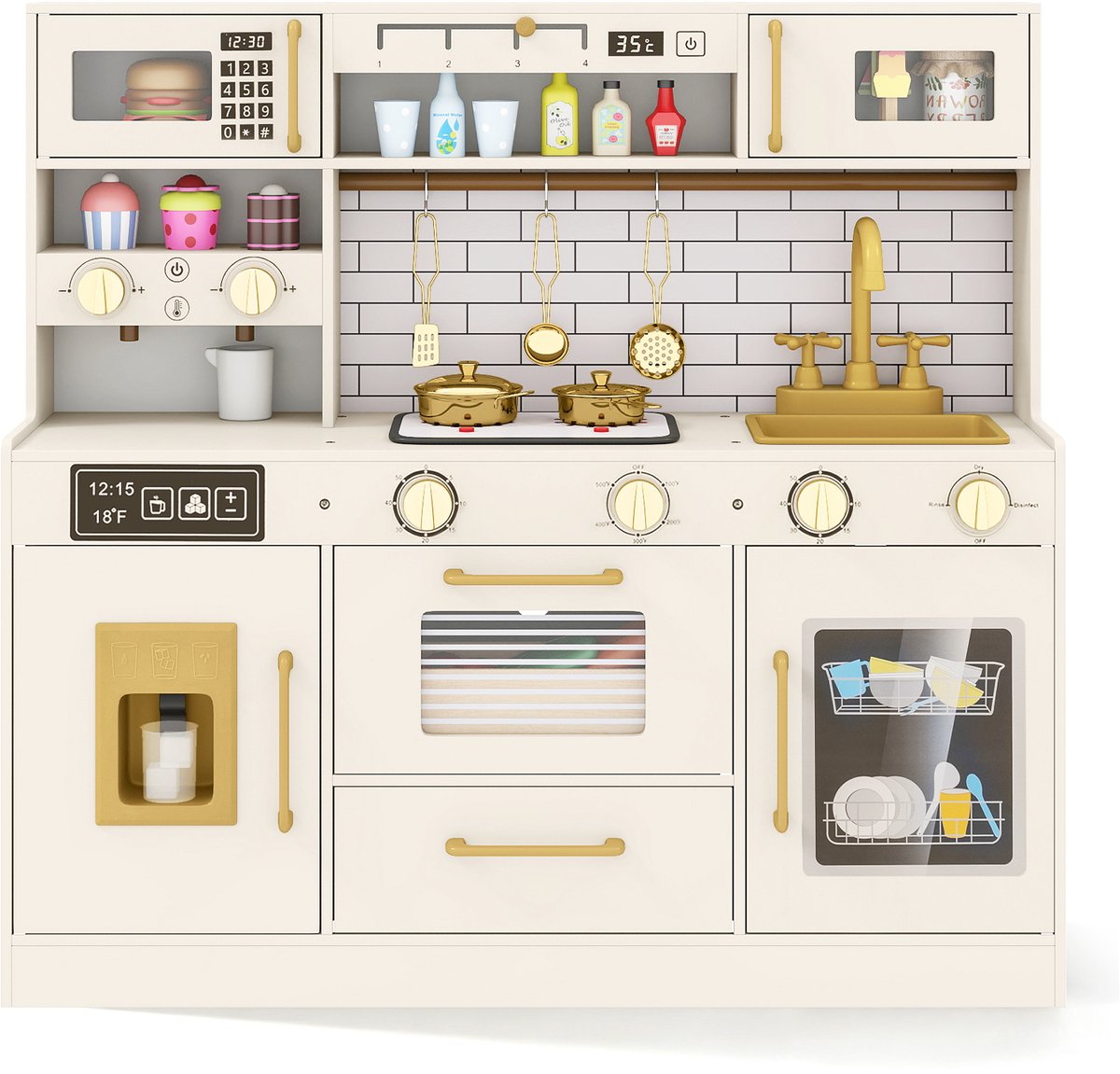 COSTWAY Kinderkeuken, speelkeuken met licht en geluid, houten keuken incl. accessoires met gootsteen, ijsdispenser, magnetron, waterdispenser & oven, speelgoedkeuken voor kinderen vanaf 2 jaar