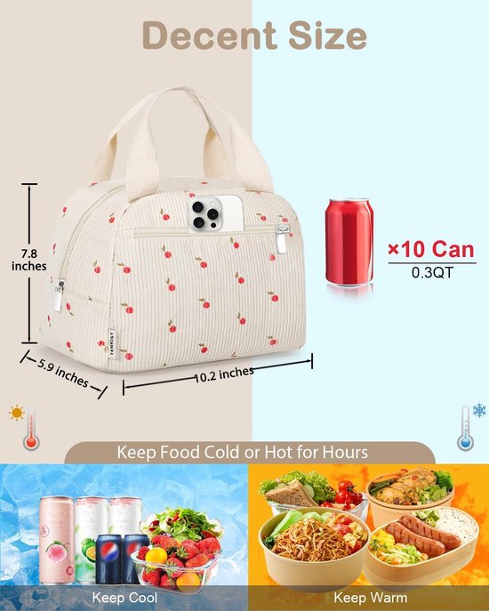 Geïsoleerde lunchtas - lichtgewicht corduroy - 8L ruime inhoud - voor werk, school en picknick - draagbare broodtrommel - voor vrouwen - wit - 1 stuk van FLITI — afbeelding 5