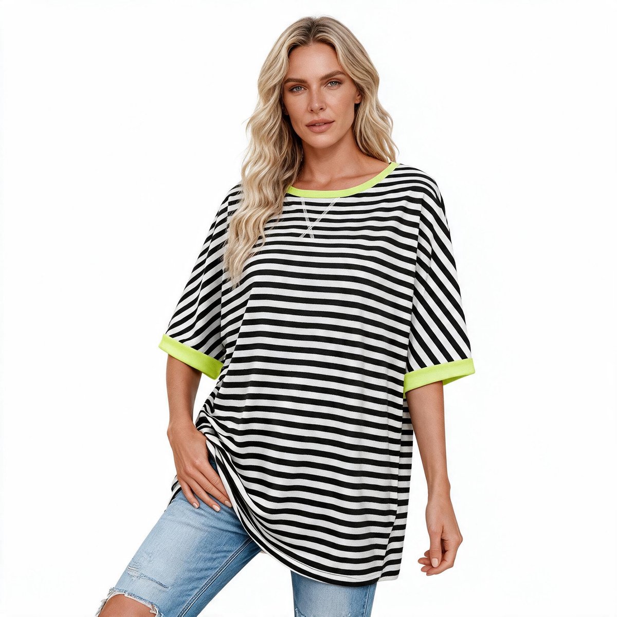 Imily Bela Dames Oversized Gestreept T-shirt met Contrasterende Bies