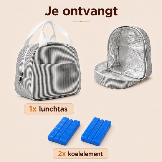 VHV - Koeltas - Geïsoleerde Lunchtas - lunchpakket set - Geïsoleerde koeltas - Lichtgewicht - Koelelementen - 23x14x19cm - Voor Werk, School, Picknick en Dagelijks Gebruik - Zwart Gestreept van Vhv — afbeelding 2
