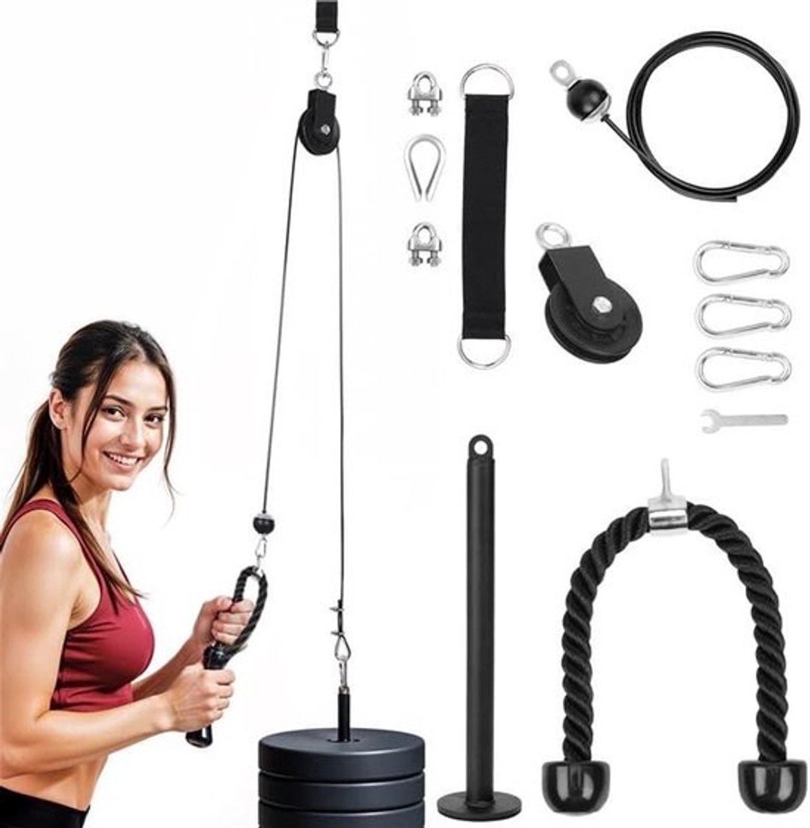 - Fitness Kabel Pulley Systeem Set - Huis Gym - Kabel Oefening Materiaal - LAT Pull-Down Bevestiging - Gewicht Hef Kabel Machine - Laad Pin - Triceps - Bicep Curls - Arm Workout - Geschikt voor thuisgebruik - Zwart
