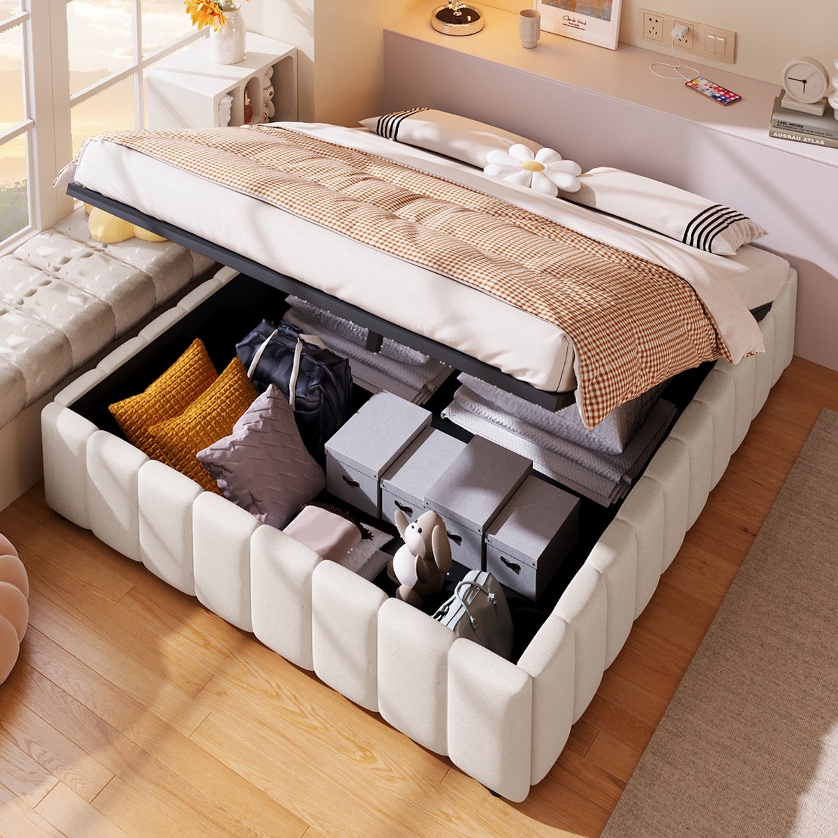 Gestoffeerd Bed 140x200 cm - Met Opbergruimte - Met Hoofdeinde - Gestoffeerd - Beige