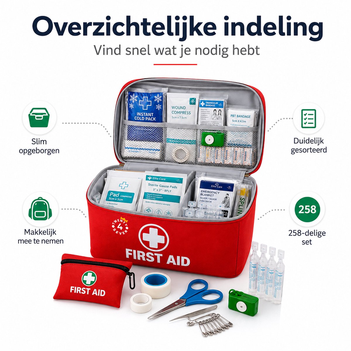 Twenty4seven® EHBO Kit 258 Delig - Verbanddoos & Koffer - Noodpakket met Verband - Draagbaar voor Thuis, Bedrijf, Auto & Op Reis – foto 2