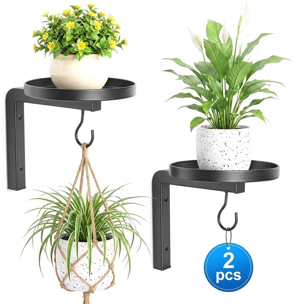 Famanu – Set van 2 zwarte metalen plantenhaken voor aan de muur, bloemensteun en wandhouder voor bloempotten, verstelbaar voor binnen en buiten gebruik
