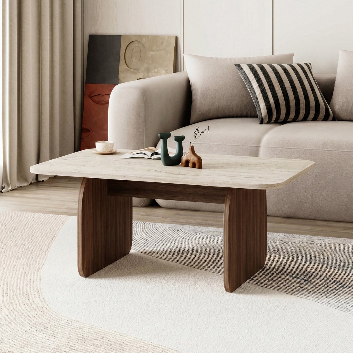 Asir - Salontafel - Travertijn en Milano noten - 100 x 60 x 42 cm