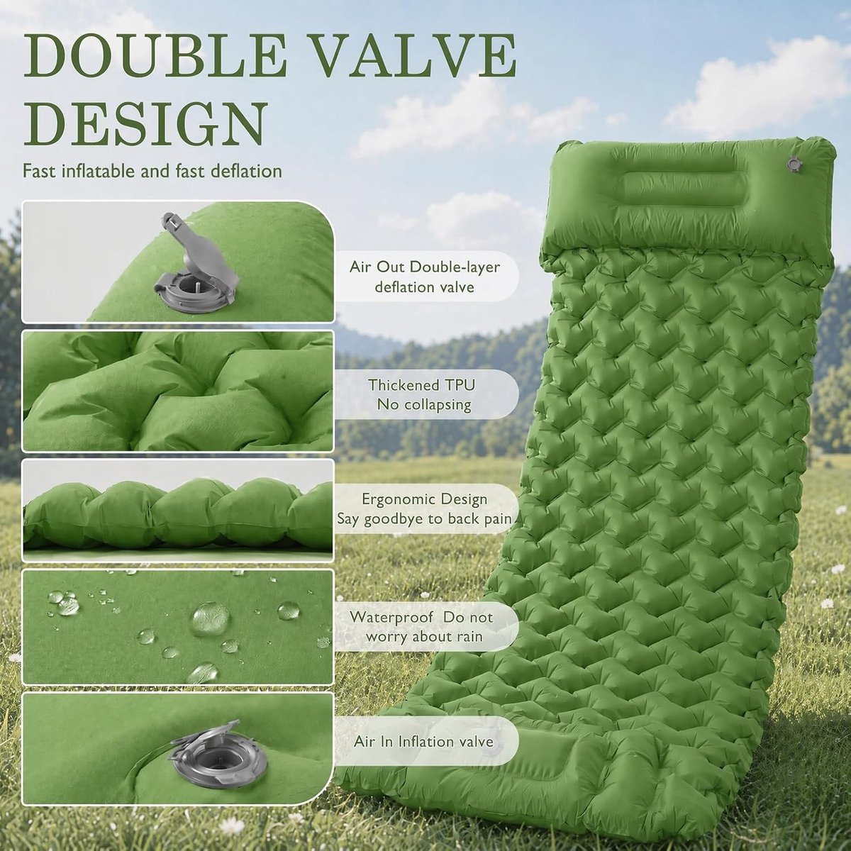 Campingmat - Groen - 220 x 70 cm - Opvouwbare Slaapmat met Kussen en Voetpomp - Voor Kamperen en Outdoor