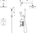 Technische tekening van een koperen inbouw doucheset met afmetingen.