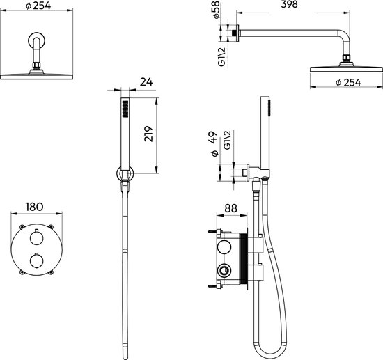 Technische tekening van een koperen inbouw doucheset met afmetingen.
