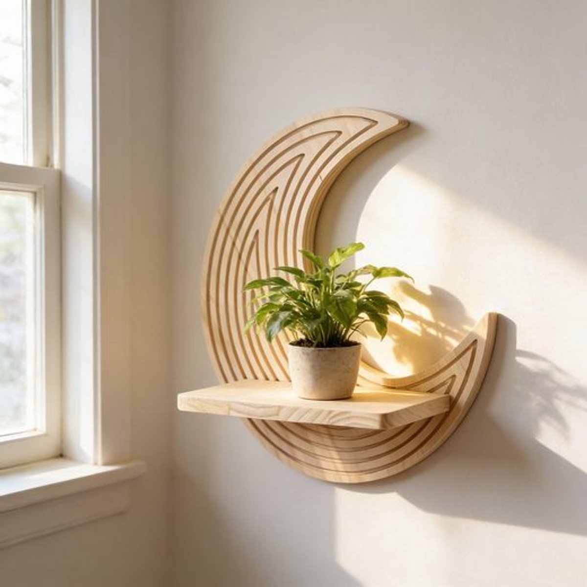Claoner Wanddecoratie hout - Maanvorm - Drijvende stand - Muur bloempot - Ambachtelijk - Huisdecoratie