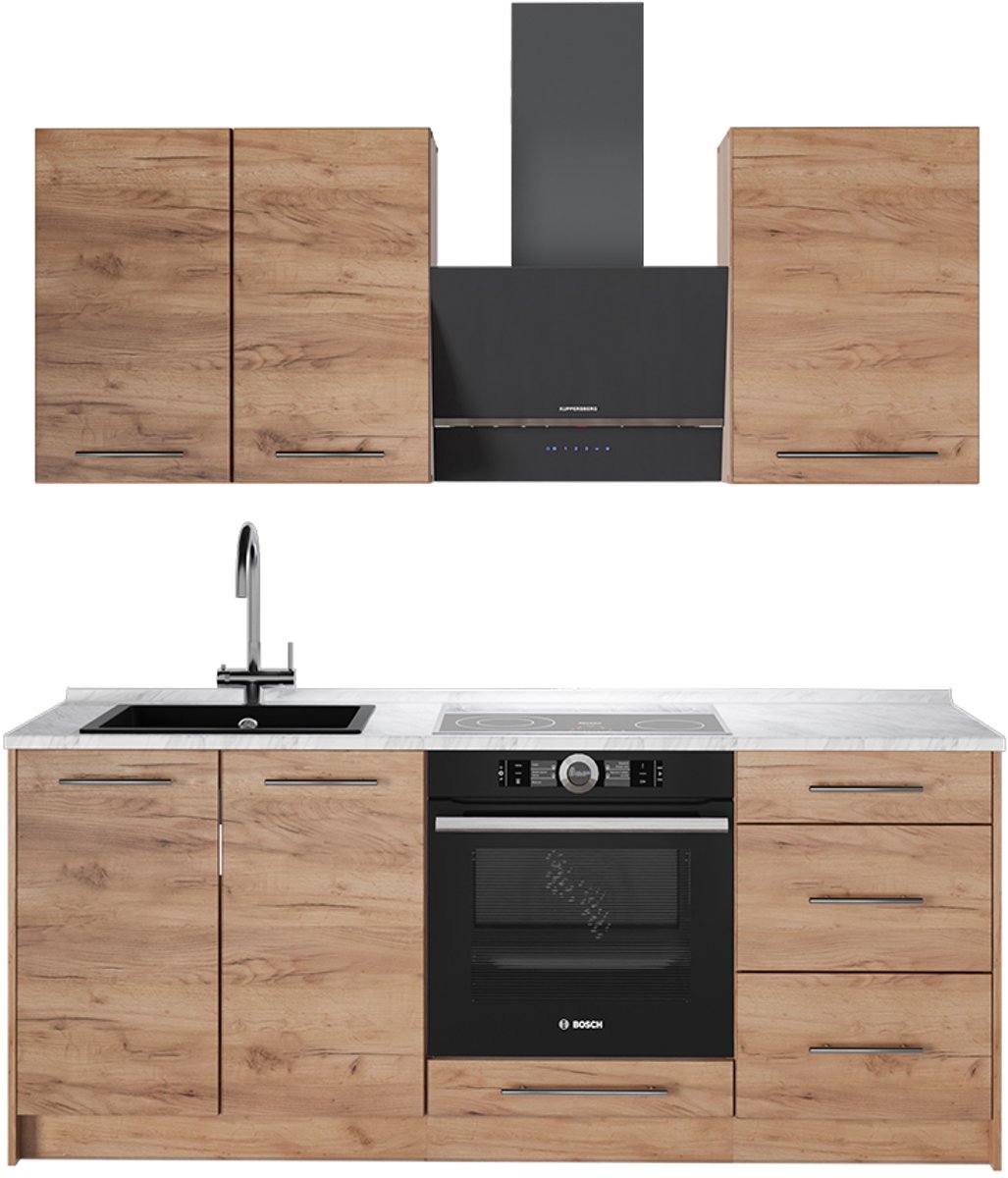 Vicco Keukeneenheid Fame-Line, Goudkleurig Eiken/Goudkleurig Eiken, 190 cm marmer werkblad