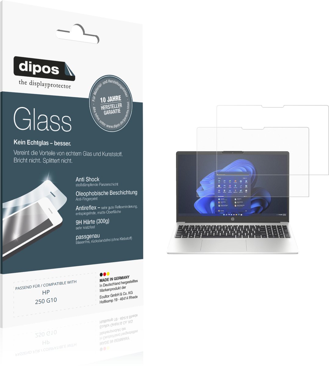 dipos – 2x Matte Pantserfolie geschikt voor HP 250 G10 | 9H Screenprotector