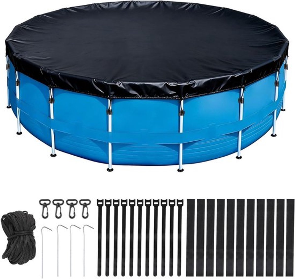 Ronde zwembadafdekking van 457 cm diameter en 30 cm hoogte, winterafdekking, UV-bestendig en scheurbestendig met trekkoord en grondpinnen
