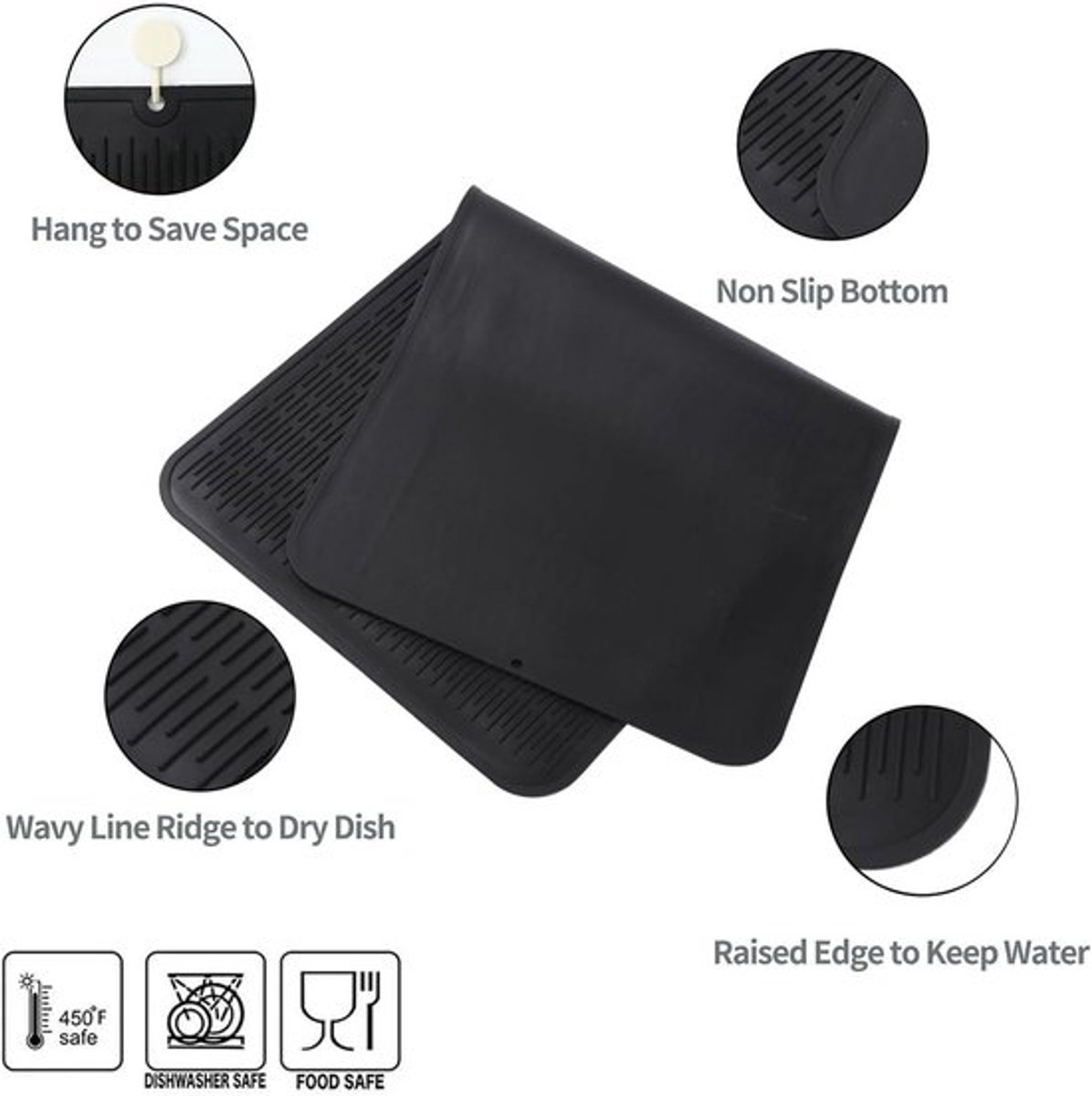 Siliconen afdruipmat voor servies 92x52 cm BPA-vrij hittebestendig zwart met borstel - droogmat antislip keuken accessoire