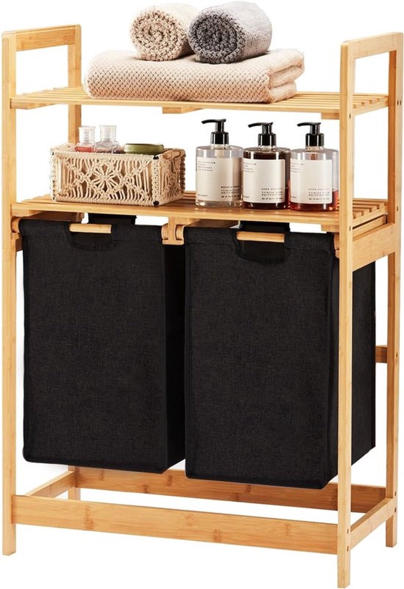 Bamboe Wasmand met 2 Planken en 2 Uittrekbare Waszakken voor Badkamer, Slaapkamer en Waskamer, 93 x 64 x 33 cm, Zwart en Ruimtebesparend Design