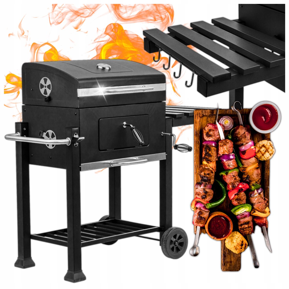 Stevige Koolgrill met Dubbele Gietijzeren Roosters, Deksel & Thermometer