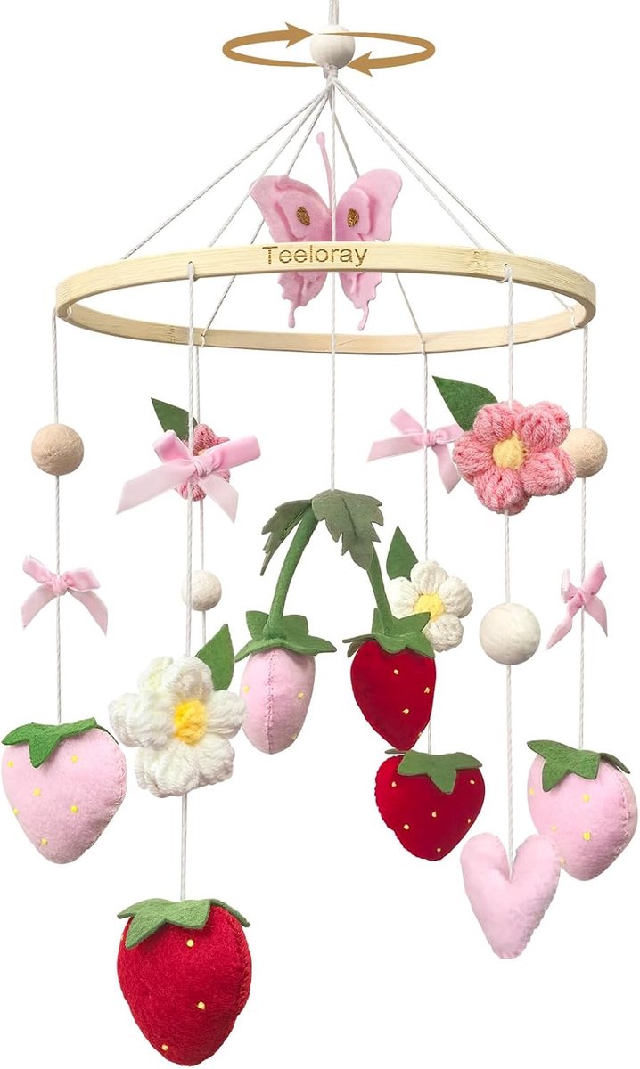 Mobiele baby met aardbeien, bloemen en vilten ballen, meisjes, baby, mobiele windgong voor babybed, mobiele babycommode, kinderkamer, babykamer, decoratie, cadeau (aardbeien)