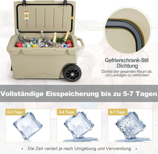 Koelbox op wielen - Thermobox draagbaar - Outdoor evenementen - 7 dagen koel - 71 liter inhoud - Kaki van Koelbox. — afbeelding 4