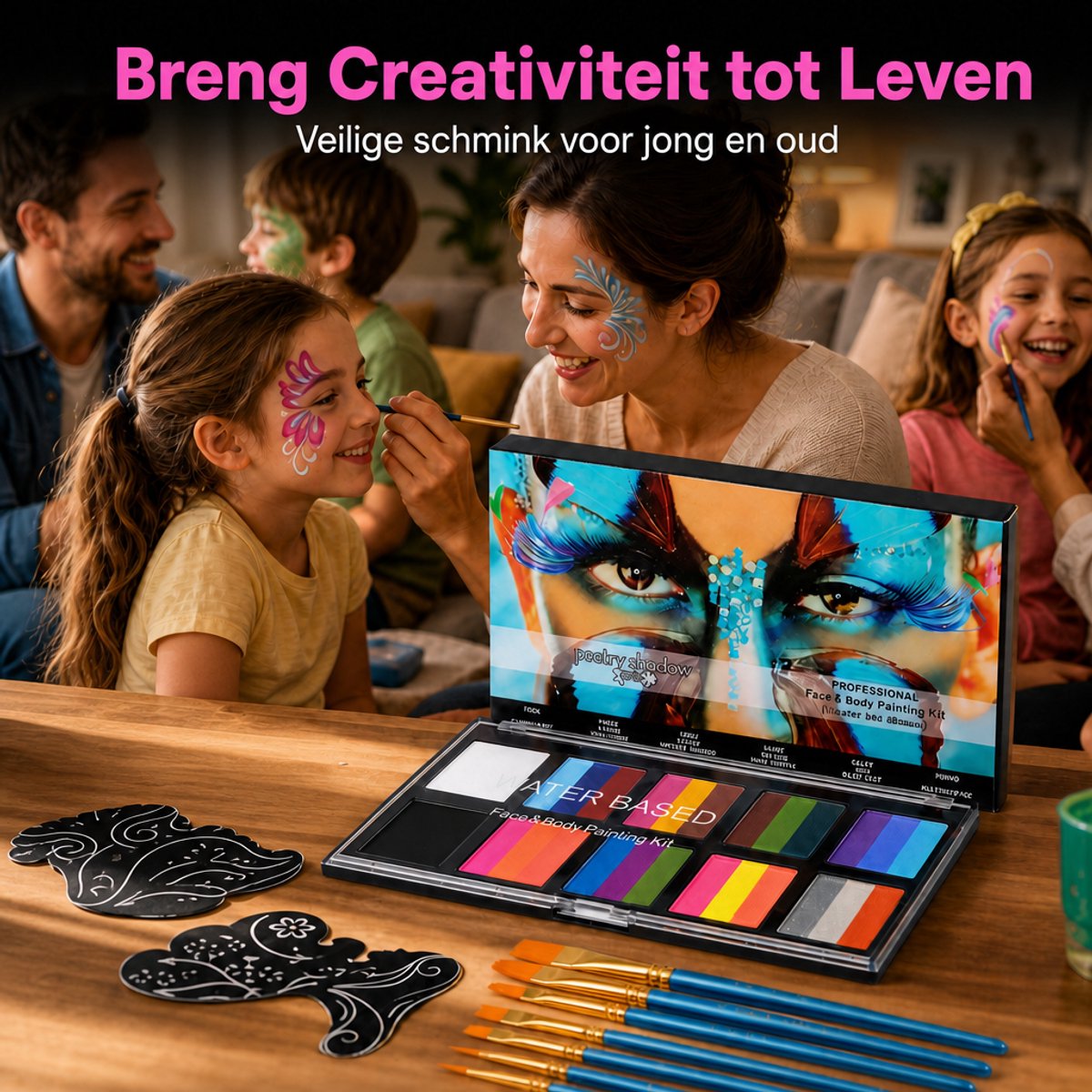 Professionele Kinderschmink Set - 26 Kleuren - Waterbasis - Incl. 10 Penselen & Sjablonen - Hét Ideale Koningsdag & Festival Cadeau - Veilig voor Kind & Volwassenen — afbeelding 7