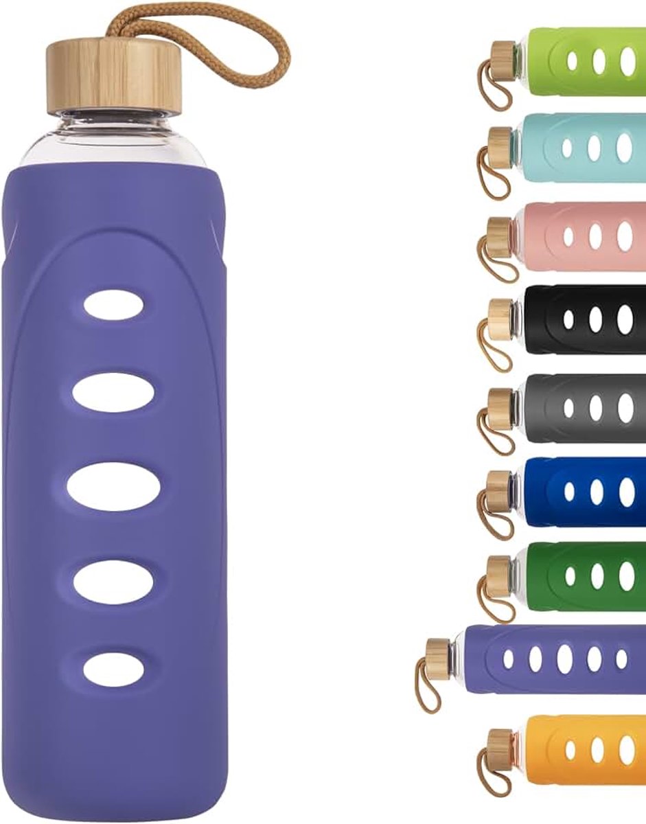 Waterfles van borosilicaatglas, 1000 ml/1 liter, drinkfles van glas met siliconen hoes en enkele sluiting