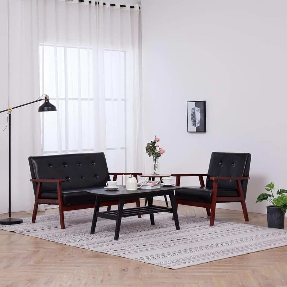 2-delig bankstel sofaset woonmeubel bankstel slaapbank bank fauteuil lounge | zetel & 2-zits sofa | bankgarnituur zwart kunstleer