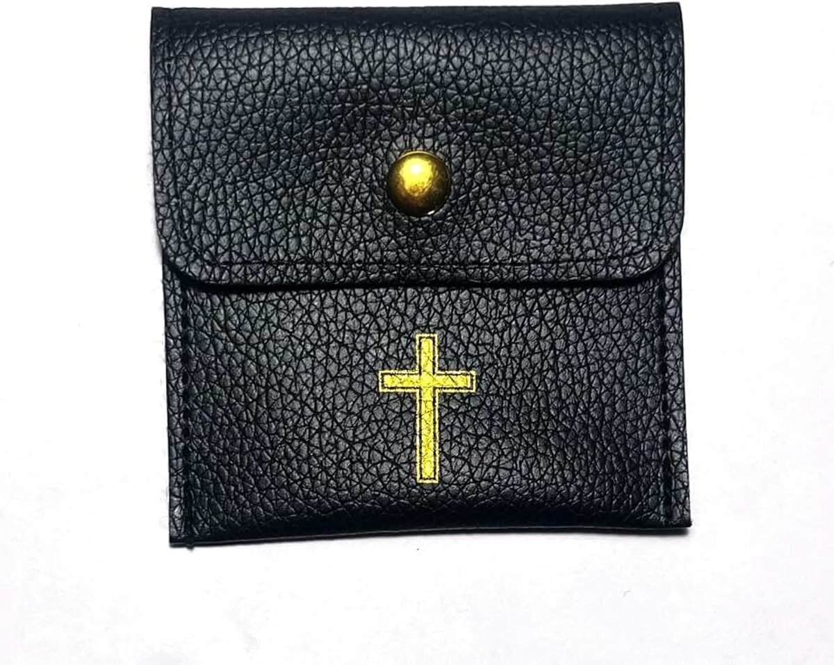 Etui met gouden kruis zwart kunstleer ca. 8x8cm