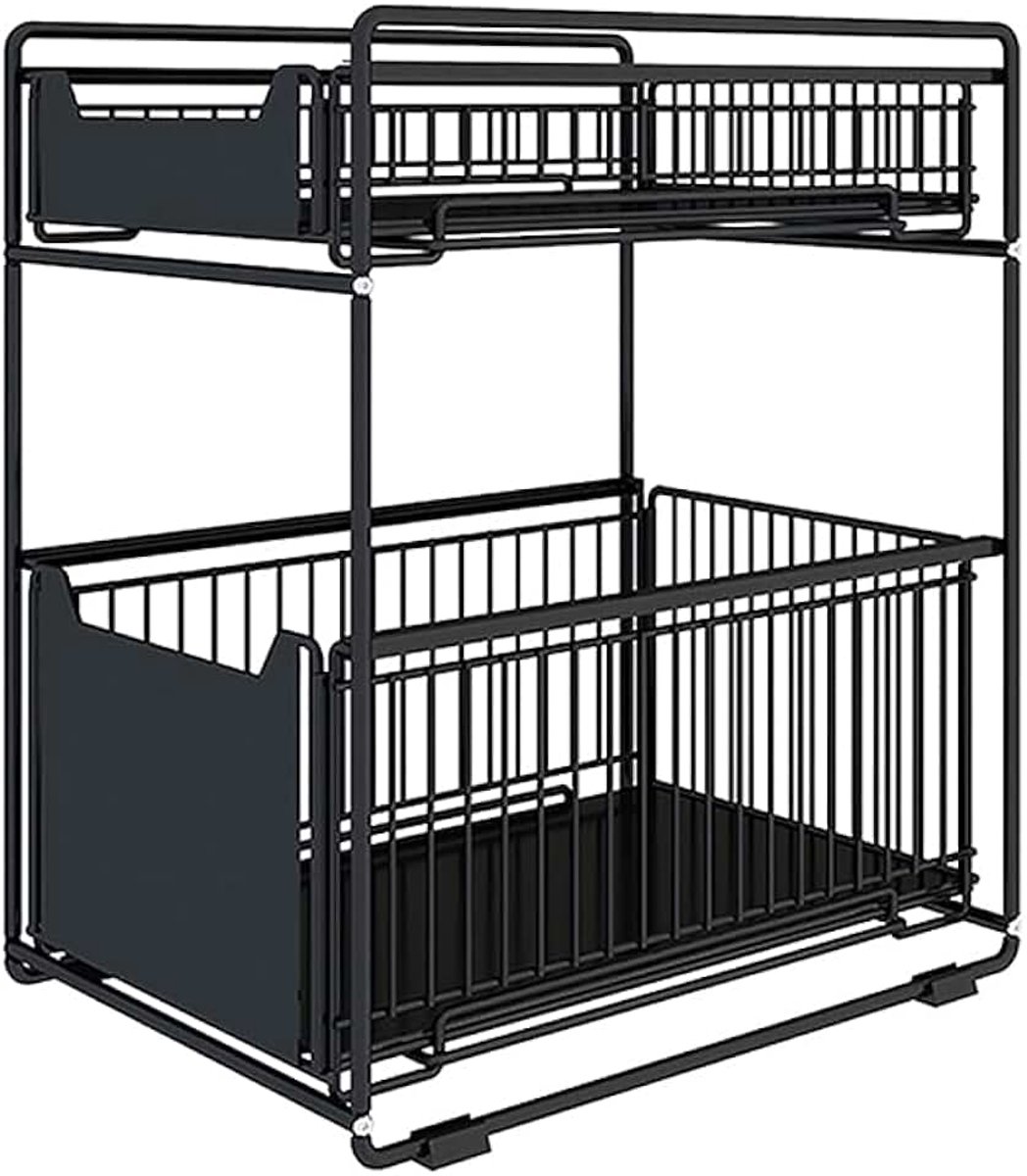 2-traps gootsteenonderkast - Organisator onder gootsteen met uittrekbare lade, keukenopslag en organisatie, multifunctioneel opbergrek (Zwart, 37,4 x 26,5 x 44 cm)