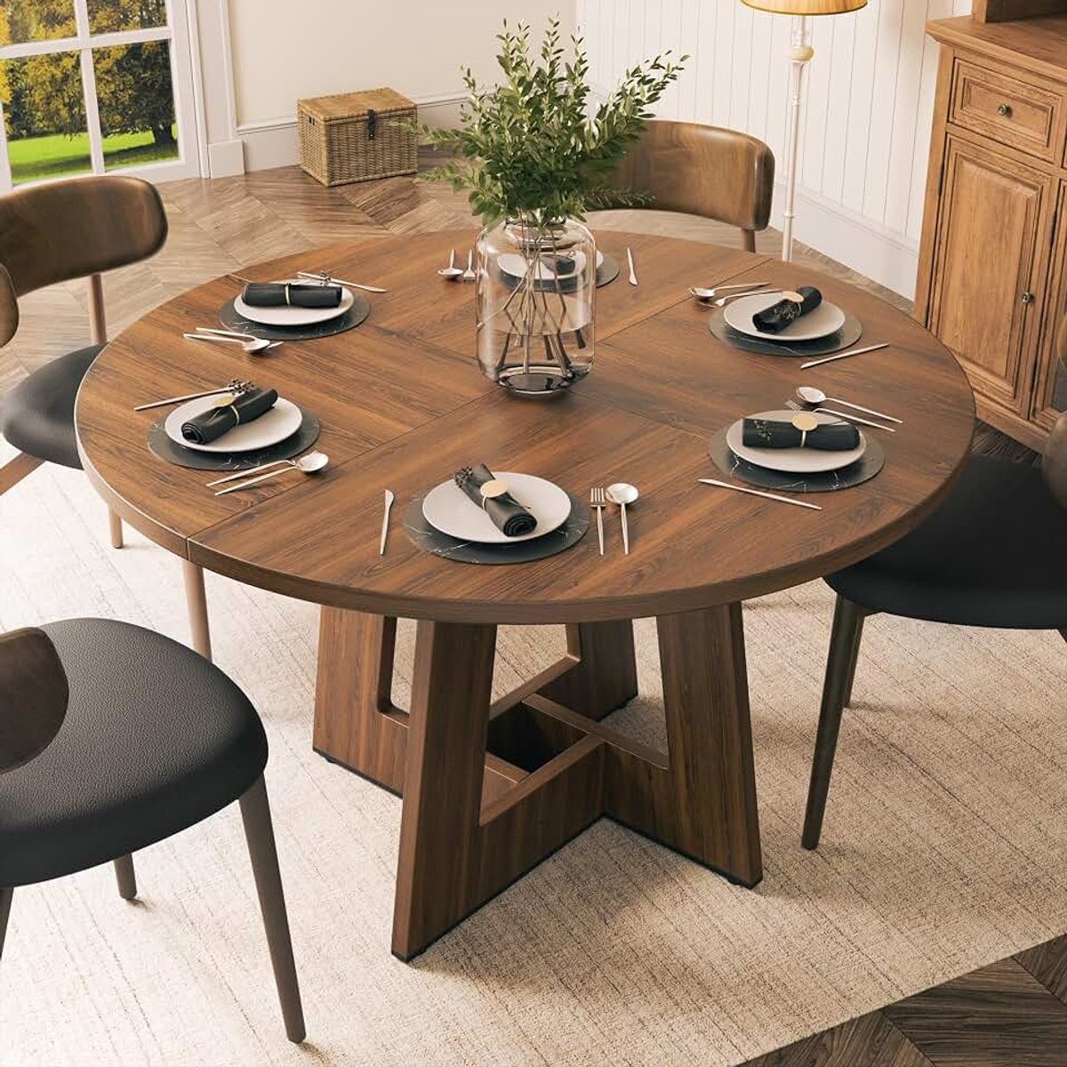 Ronde eettafel, 120 cm, houten eettafel voor 4-6 personen, rustieke keukentafel met moderne geometrie, uitgesneden poten, rustiek bruin (zonder stoelen)
