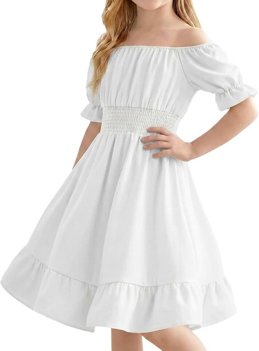 Meisjesjurk met zak off-shoulder korte mouw A-lijn jurken kinderen elegante bruiloft casual kleding voor 5-13 jaar