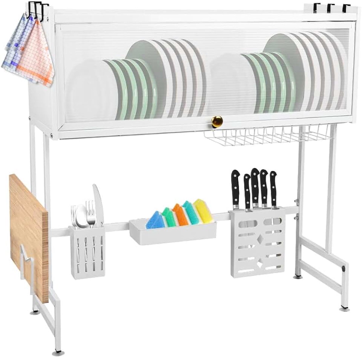 Afdruiprek servies, 3-traps afdruiprek met afdruipbak en afdruipmat, roestvrij stalen afdruiprek met gebruiksvoorwerpenhouder, 65 x 30 x 78 cm, wit