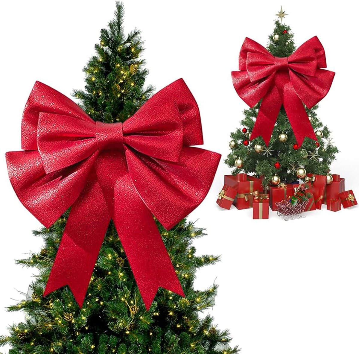 Grote strik, kerstboomdecoratie, kerststrikken, rode kerststrikken, grote strikken voor kerstboom, kerstcadeaus (glanzend rood)