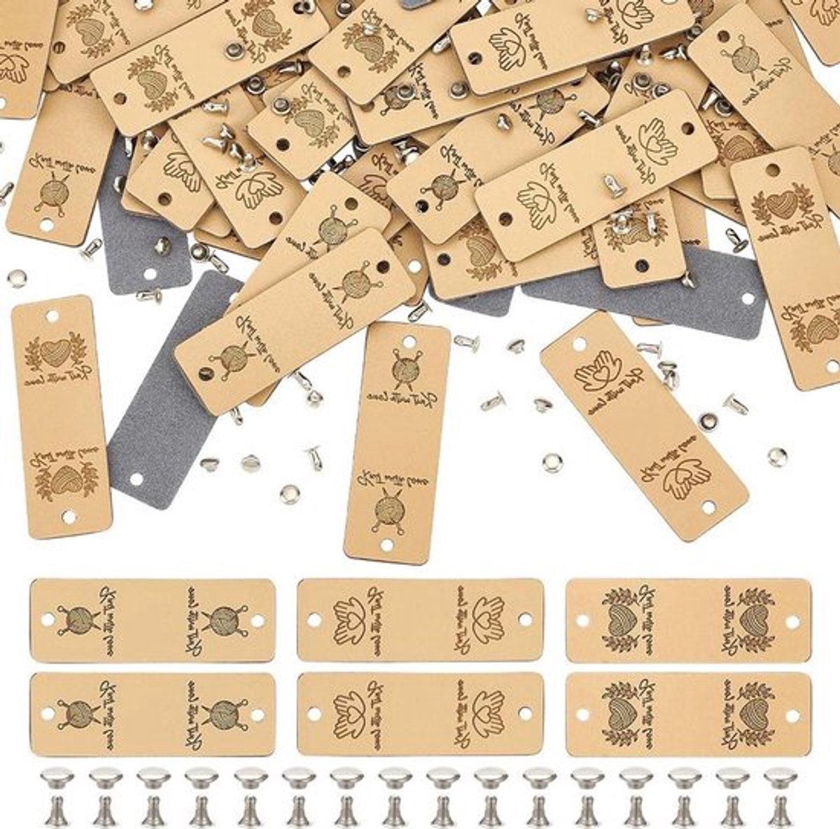 48 Sets Handgemaakte Lederen Labels | 56.5x19.5mm | Beige Reliëf met Hart/Hand/Garen | Kleding Labels voor Jeans Tassen Hoed