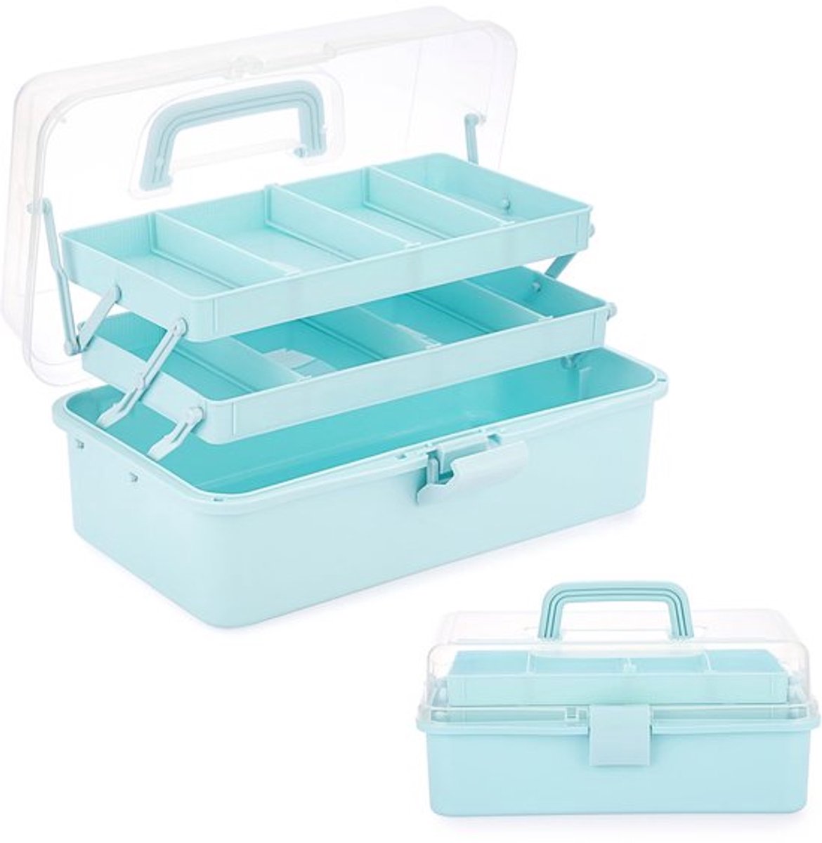 Opbergdoos 3-Lagen - Multifunctionele Doos - Verstelbare Indeling - Cosmetica Box - Organizer met Deksel - Lichtblauw - Opbergbox